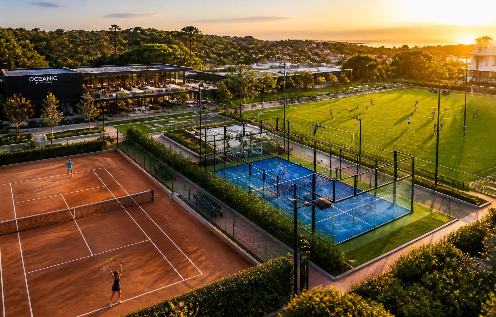 Aerial view of a modern multi-sport club at sunset with tennis, padel and football pitches